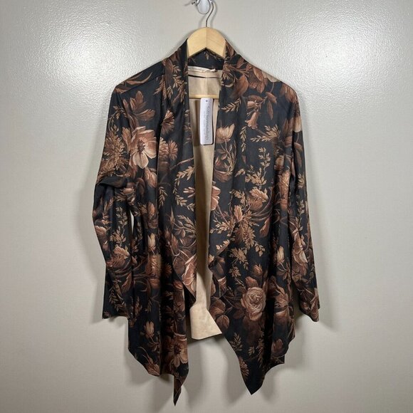 Soft Surroundings Shape Drape Faux Suede Jacket Floral Large Black Brown - Picture 1 of 10